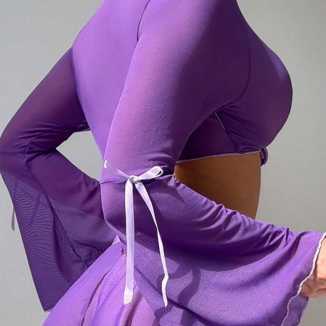 Purple Bell-Sleeve Tie-Front Lingerie Set, alternate view 4