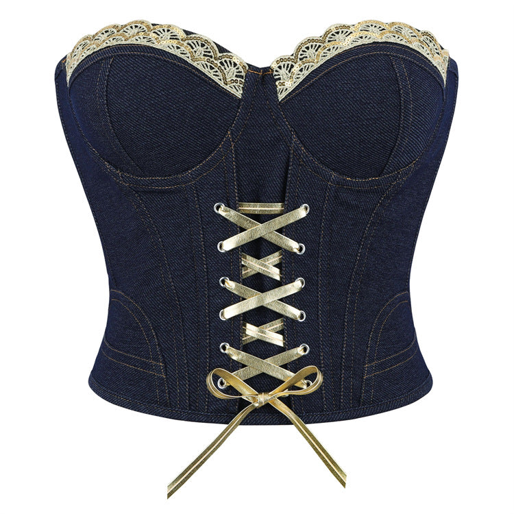 Navy Lace-Up Corset Top
