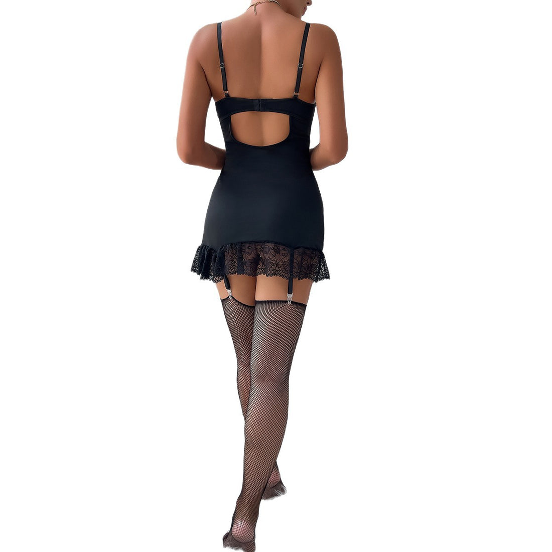 Black lace-panel chemise mini dress with white bow accents - alternate view