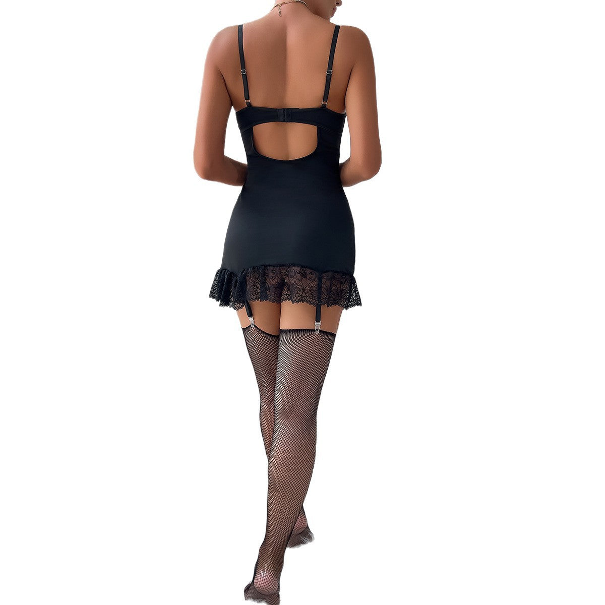 Black lace-panel chemise mini dress with white bow accents - alternate view