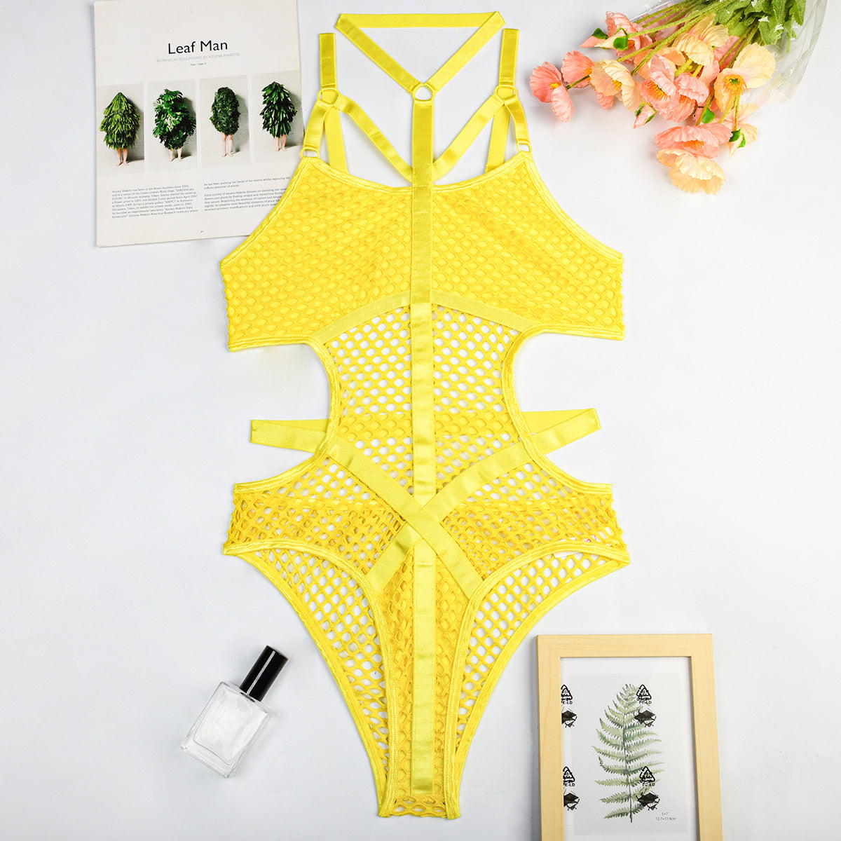 Halter Mesh Faux Leather Teddy Bodysuit - Styled View