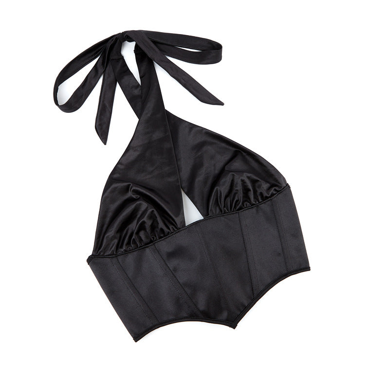 Black Satin-Look Cross-Neck Corset Top, alternate view 5