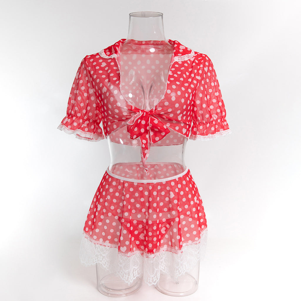 Red Polka Dot Three-Piece Lingerie Set - Styled View