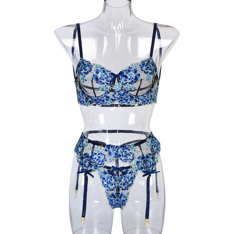 Floral Embroidered Bow Detail Three-Piece Lingerie Set - Styled View