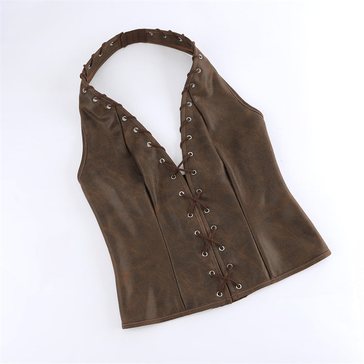 Brown Lace-Up Halter Corset Top, alternate view 5