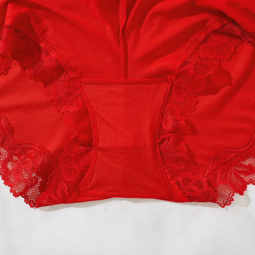 Red lace-trim bralette and short lingerie set - alternate view