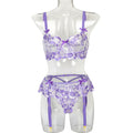 Floral embroidered bra and garter lingerie set with soft color options - alternate view