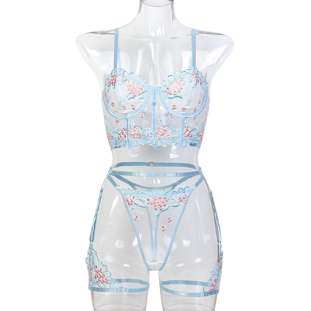 Light Blue Strappy Three-Piece Lingerie Set - Alternate View