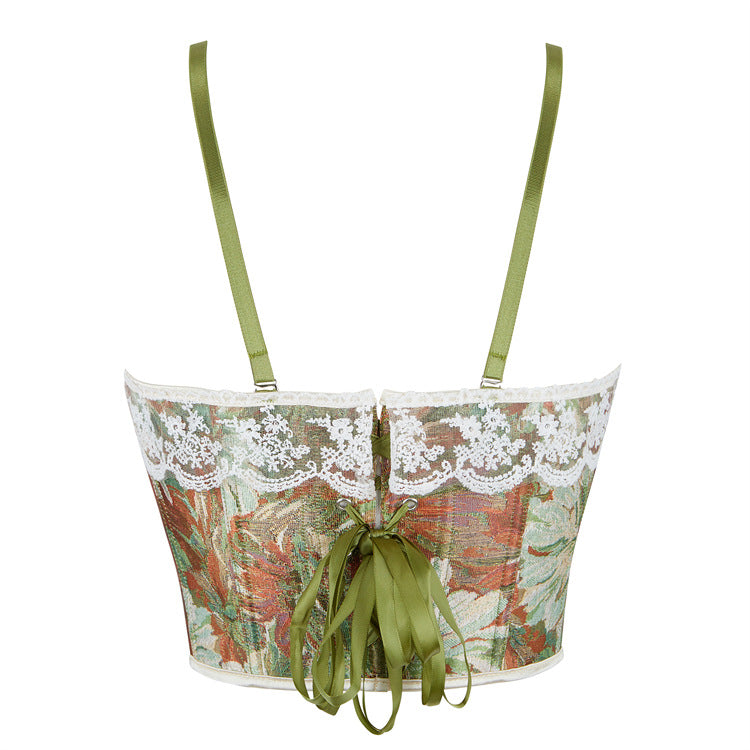 Green Floral Lace-Up Corset Top, alternate view 3