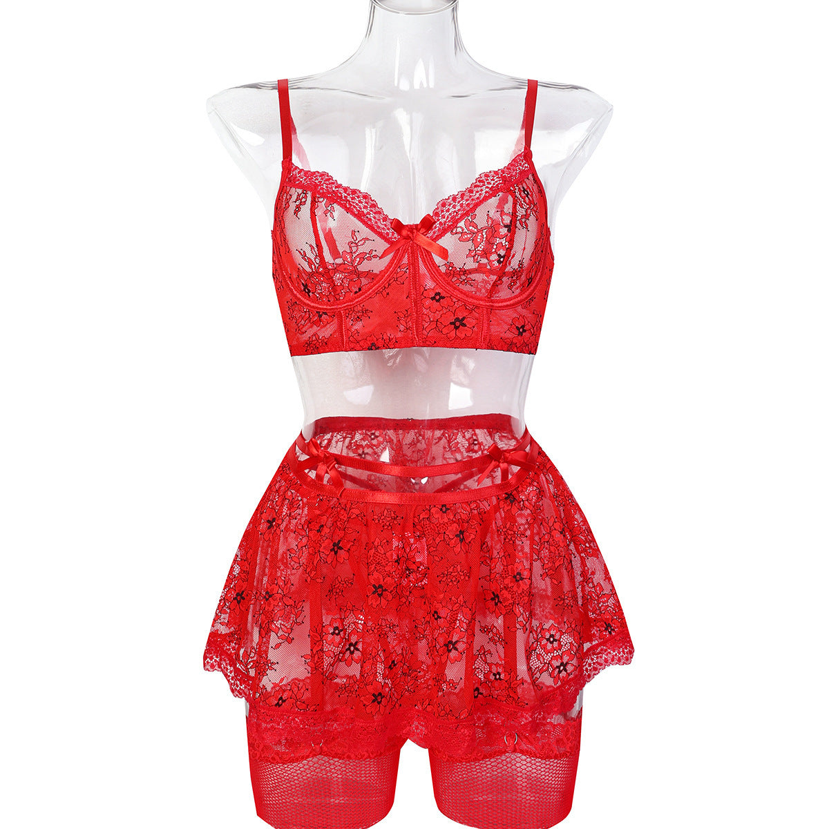 Black Red Lace Four-Piece Lingerie Set - Alternate View