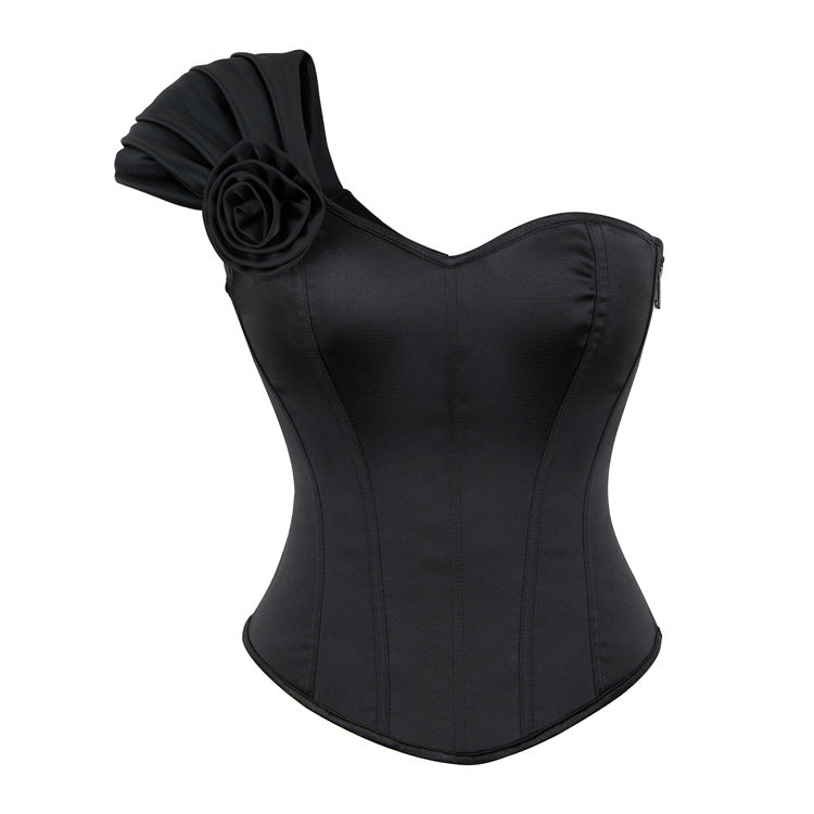 Black One-Shoulder Rose Corset Top