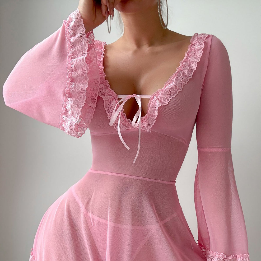 Pink Long-Sleeve Ruffle Chemise Nightdress, alternate view 3
