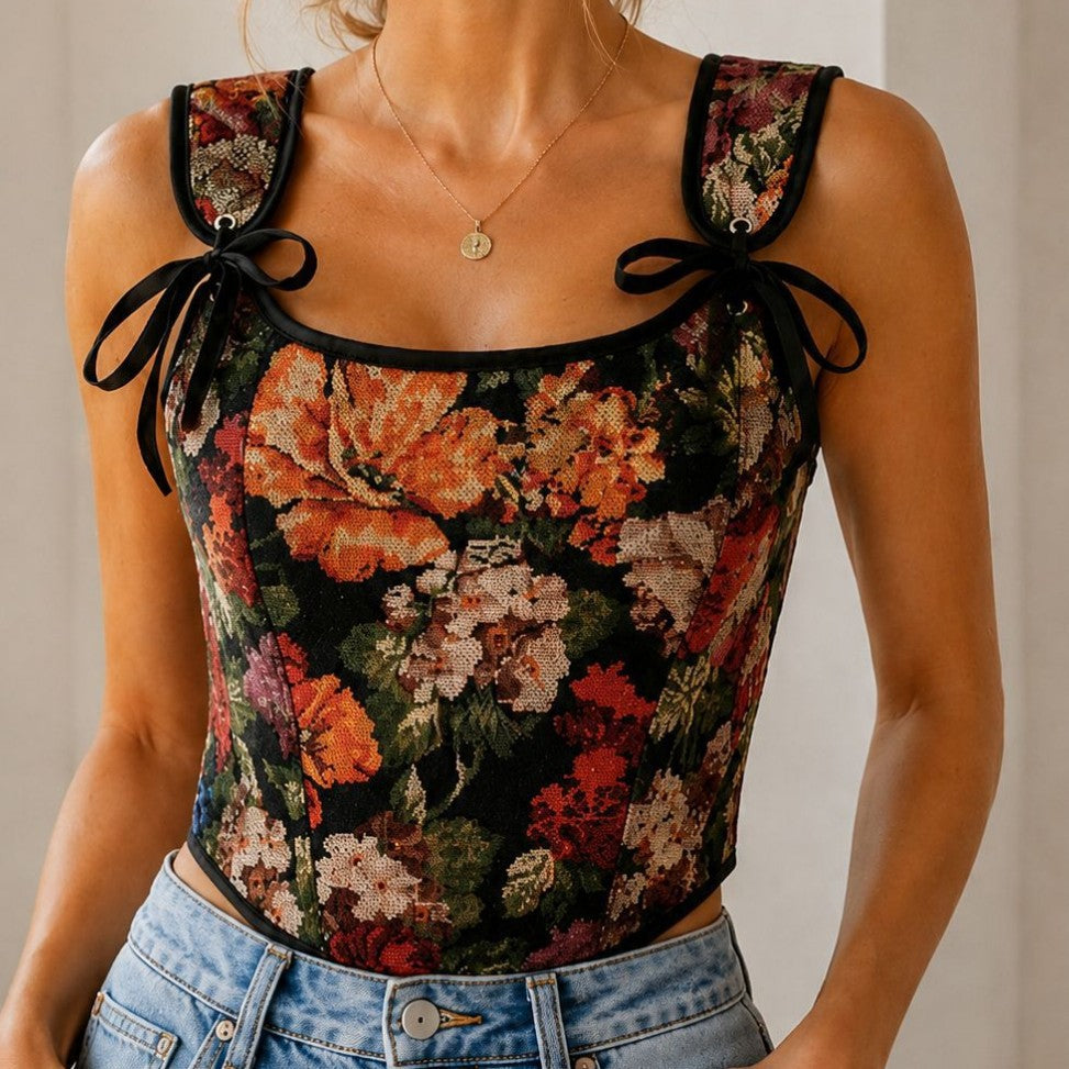 Black Floral Shoulder-Tie Corset Top