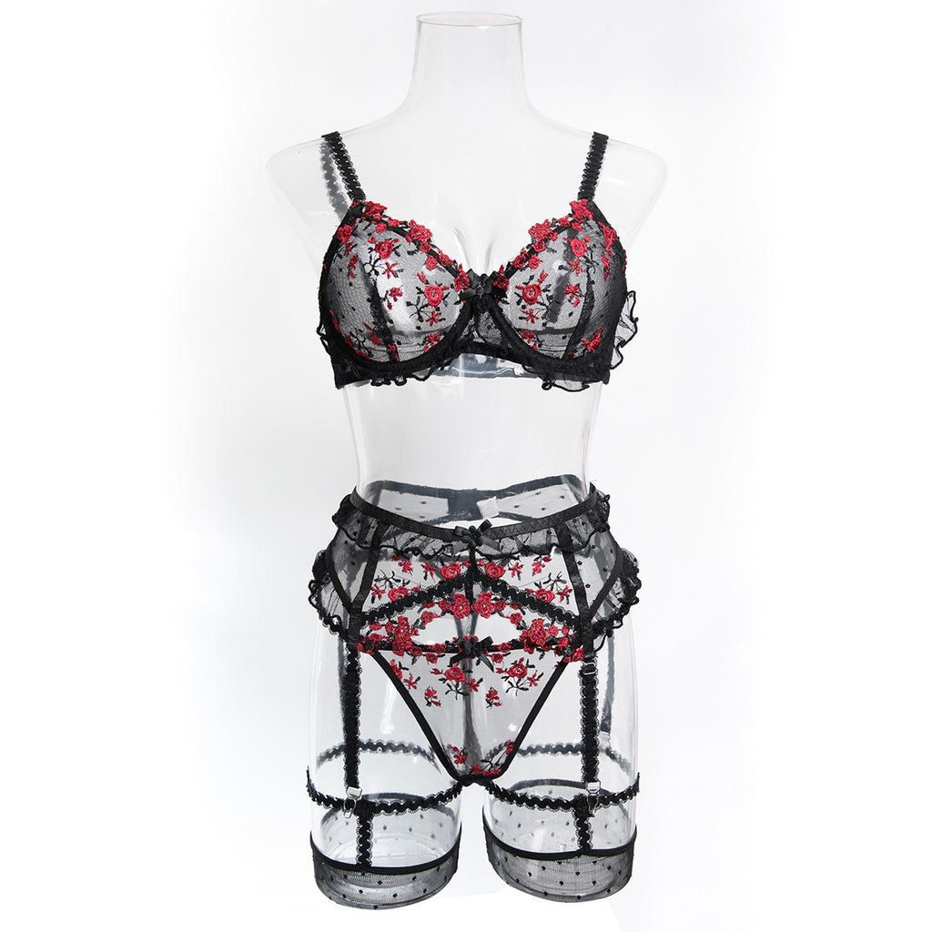 Lace Four-Piece Lingerie Set With Garter Belt - Alternate View