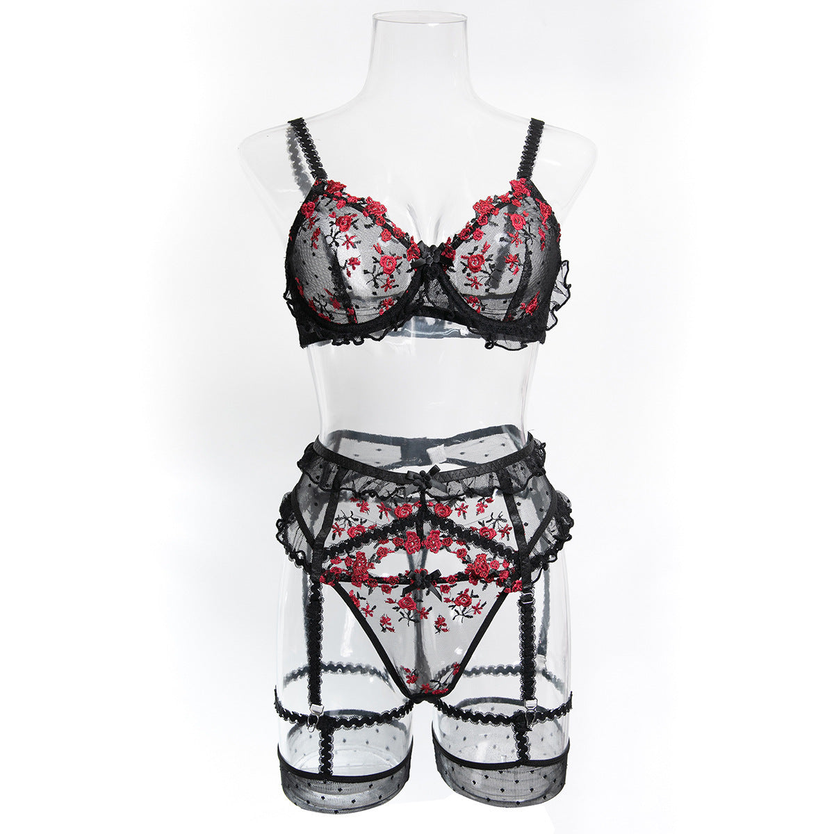 Lace Four-Piece Lingerie Set With Garter Belt - Alternate View