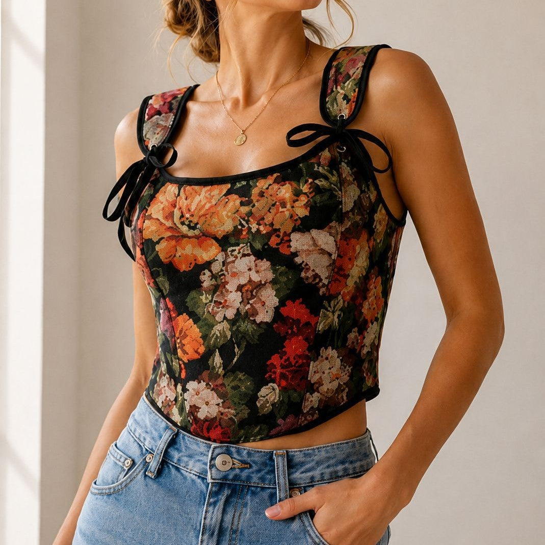 Black Floral Shoulder-Tie Corset Top, alternate view 2