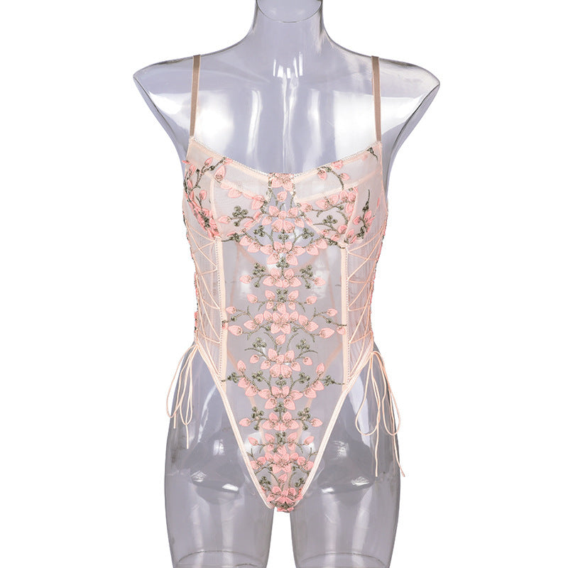 Pink Floral Embroidered Teddy Bodysuit - Styled View