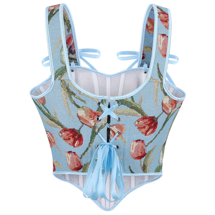 Blue Floral Tie-Strap Corset Top, alternate view 3