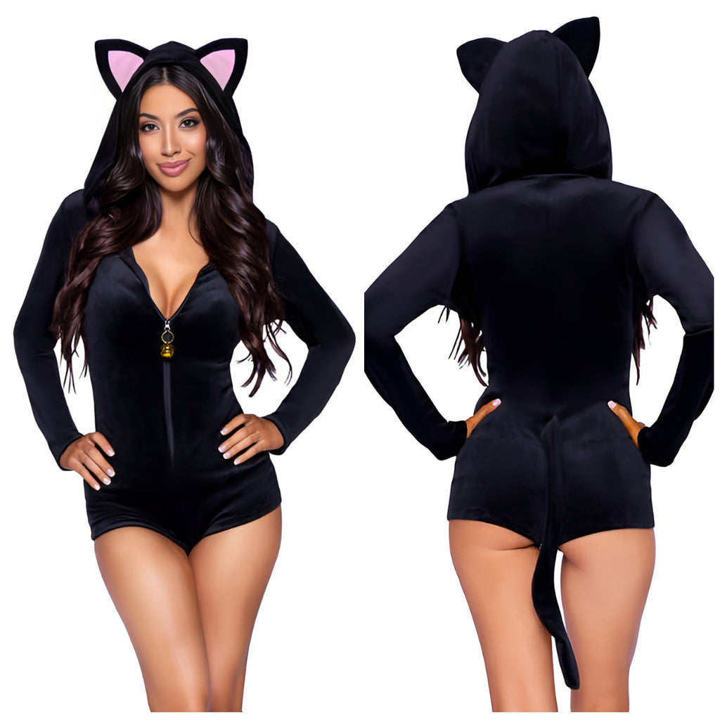 Black cat costume hooded romper with zip-front detail - front view