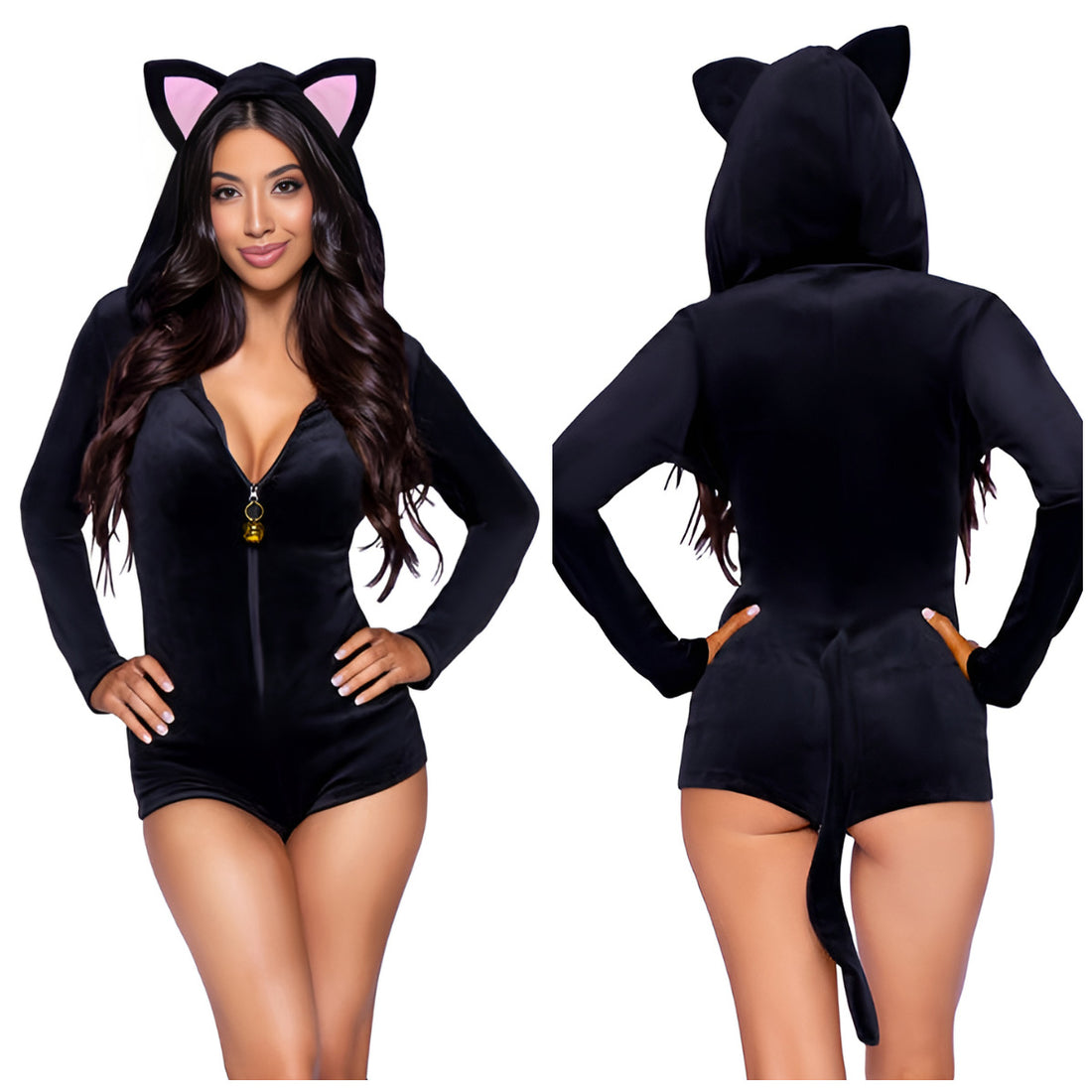 Black cat costume hooded romper with zip-front detail - front view