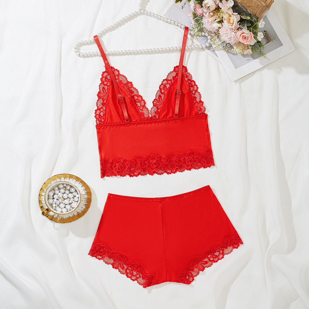 Red lace-trim bralette and short lingerie set - alternate view