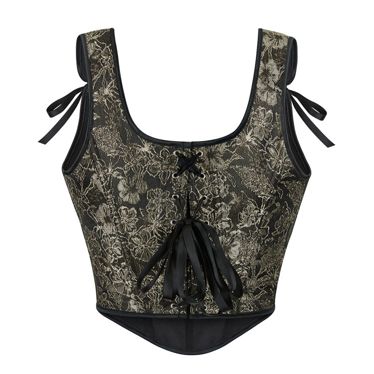 Black Gold Floral Tie-Strap Corset Top, alternate view 3