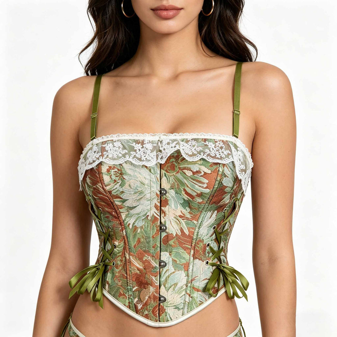 Ivory Green Floral Lace-Up Corset Top