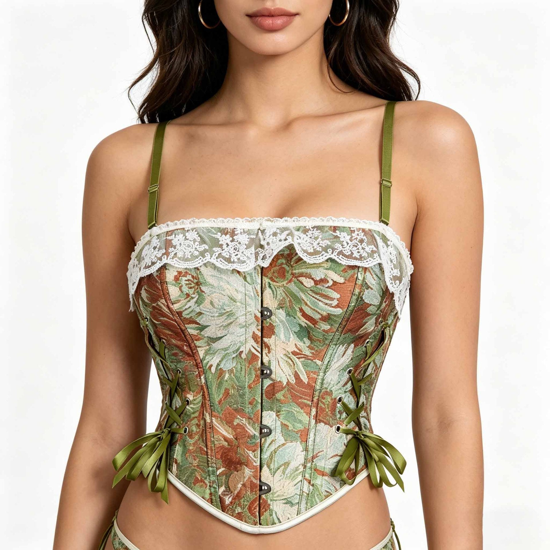Ivory Green Floral Lace-Up Corset Top
