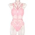 Halter Mesh Faux Leather Teddy Bodysuit - Styled View