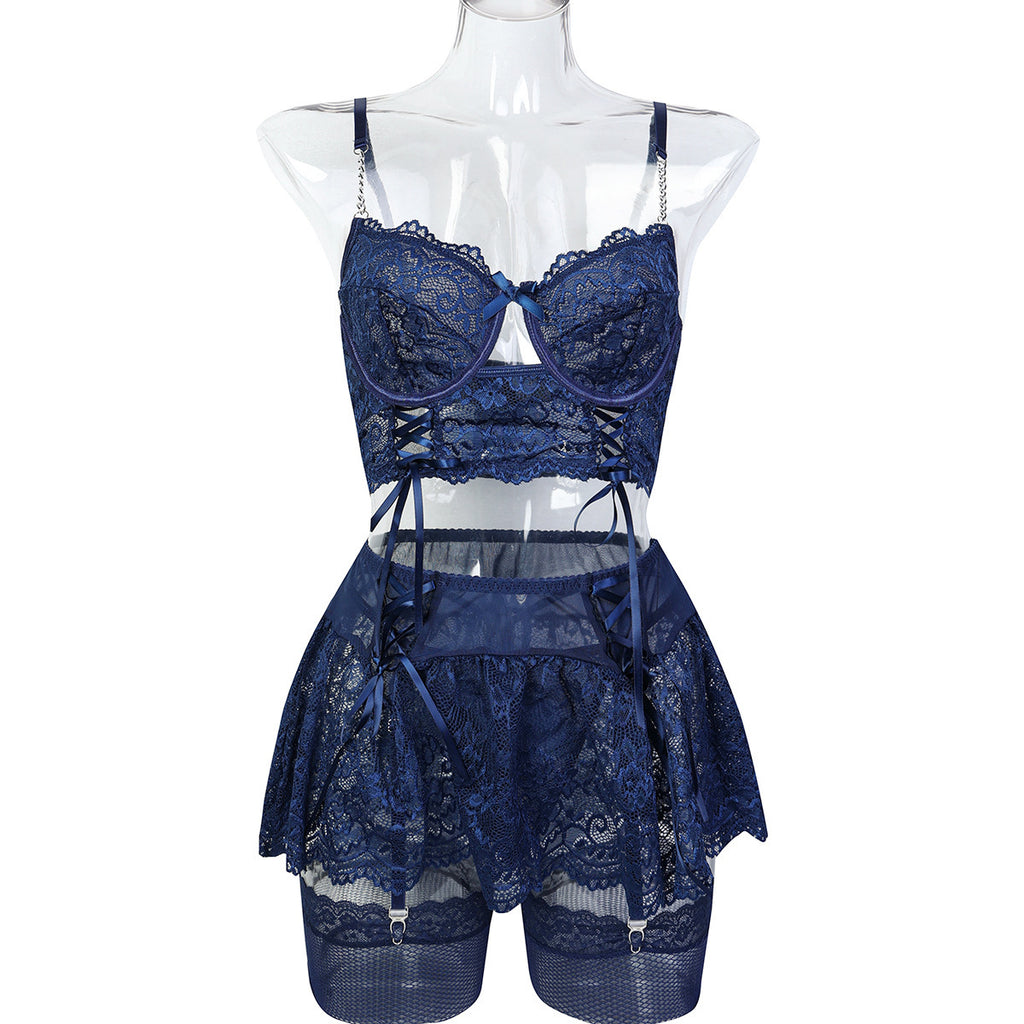 Navy Blue Strappy Three-Piece Lingerie Set - Alternate View