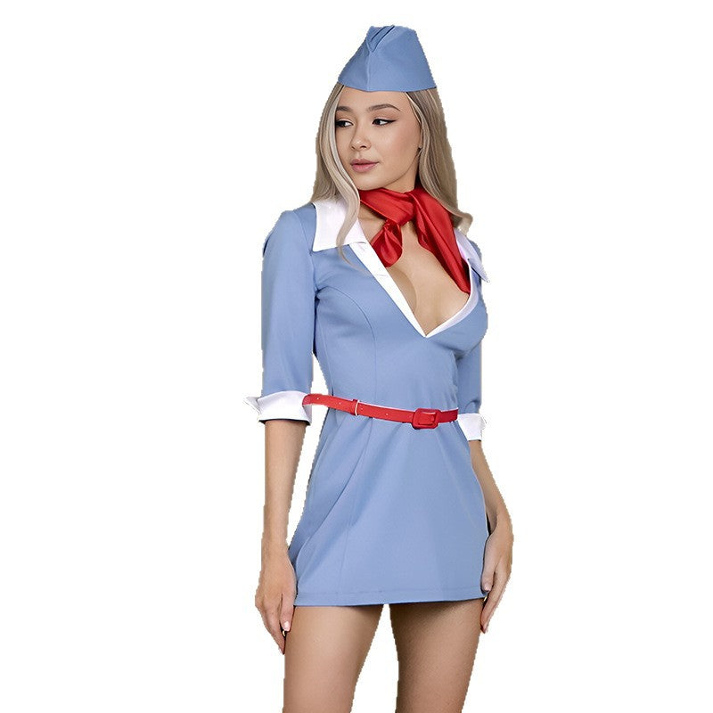 Flight Attendant Costume Lingerie Set With Mini Dress and Hat and Belt - Alternate View