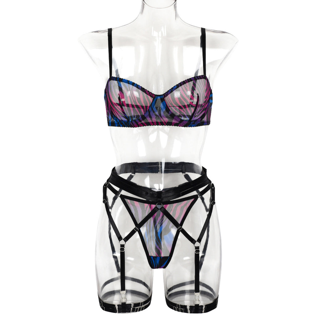 Blue Mesh Three-Piece Lingerie Set - Styled View
