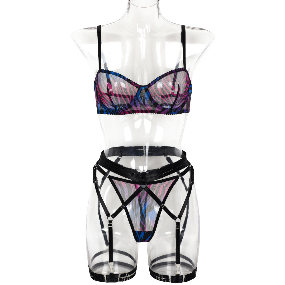 Blue Mesh Three-Piece Lingerie Set - Styled View