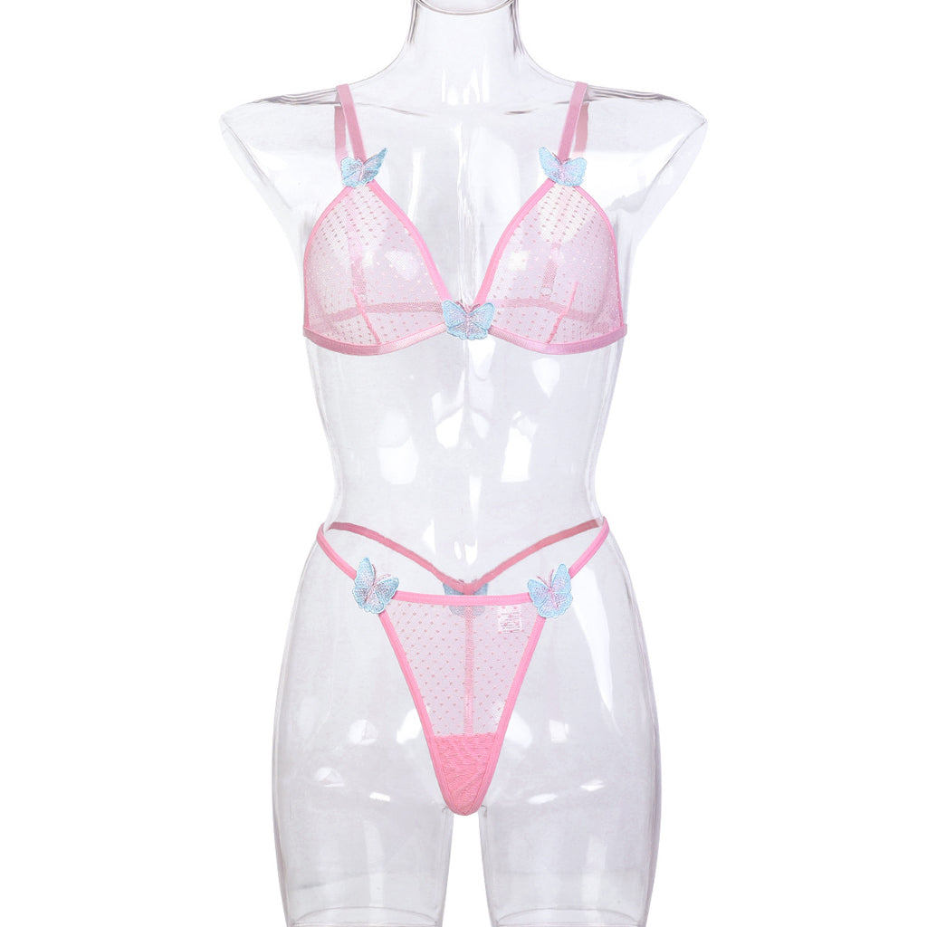 Pink floral embroidered strappy bra and thong set - alternate view