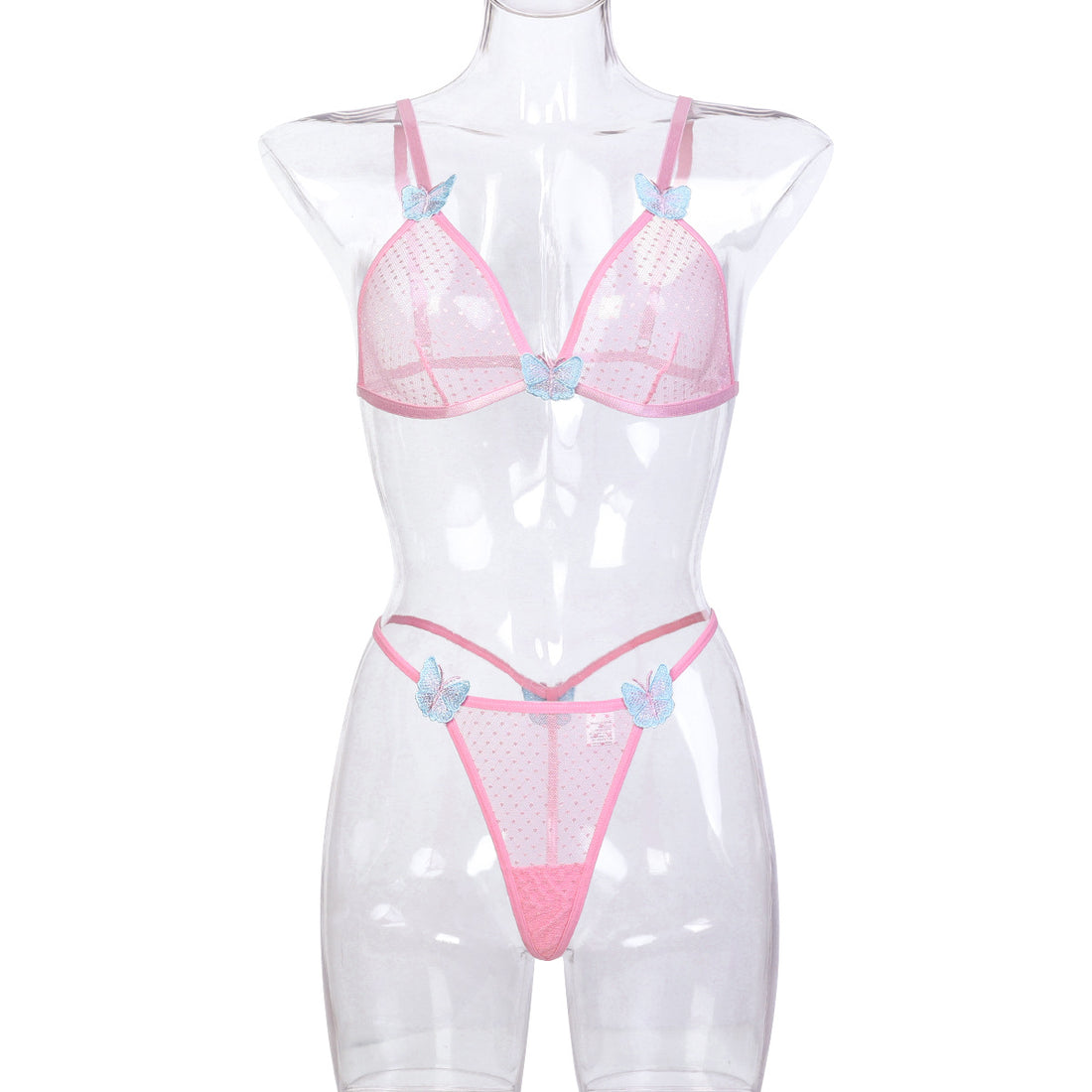 Pink floral embroidered strappy bra and thong set - alternate view