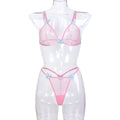 Pink floral embroidered strappy bra and thong set - alternate view