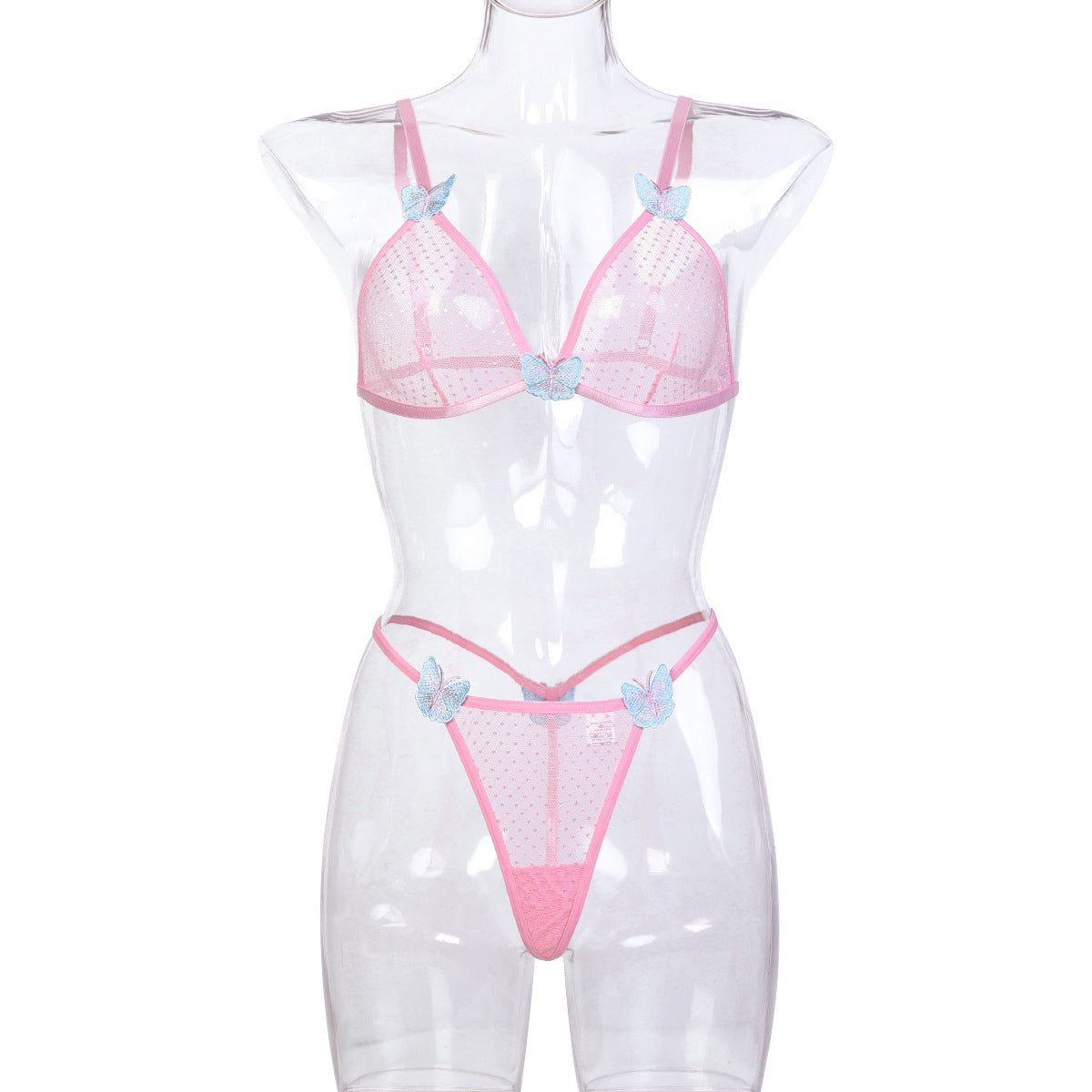 Pink floral embroidered strappy bra and thong set - alternate view