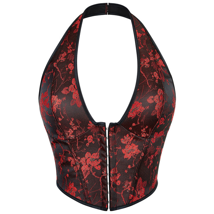 Red Floral Halter Corset Top