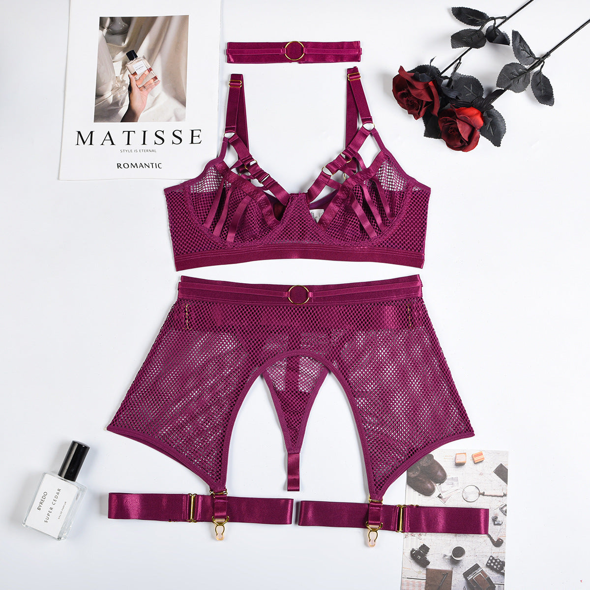 Mesh Lace Four-Piece Lingerie Set - Secret Hour lingerie