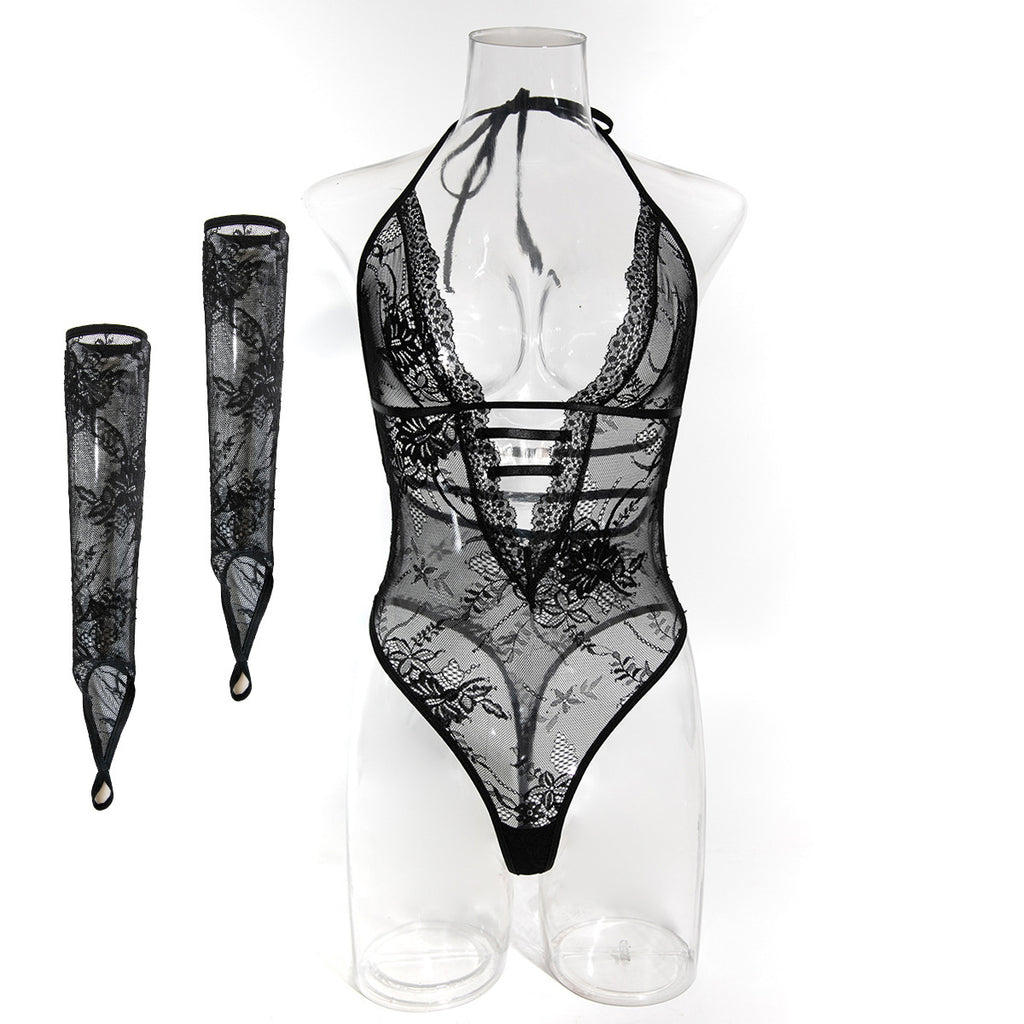 Halter Lace Mesh Teddy Bodysuit - Styled View