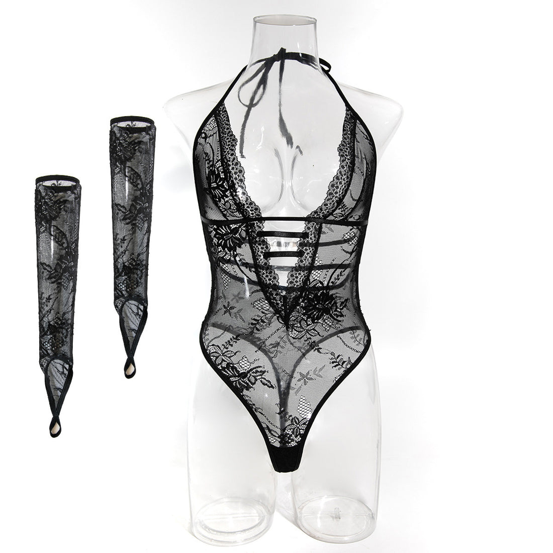 Halter Lace Mesh Teddy Bodysuit - Styled View