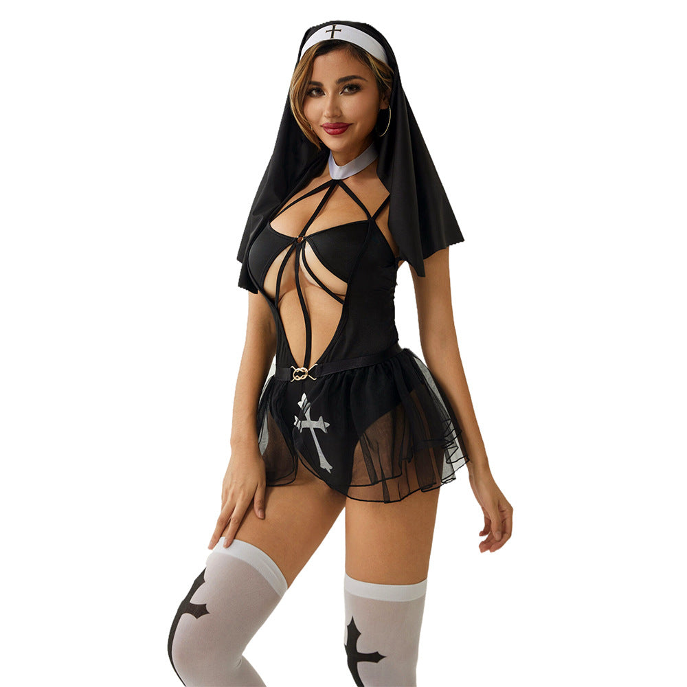 Uniform-Inspired Costume Lingerie Set With Top and Hat and Stockings - Detail View