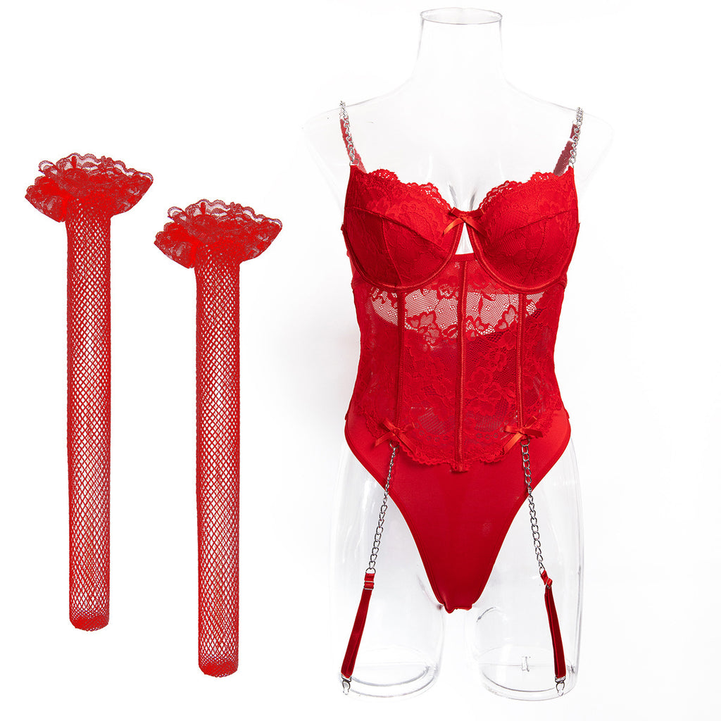Chain Detail Lace Strappy Teddy Bodysuit - Styled View