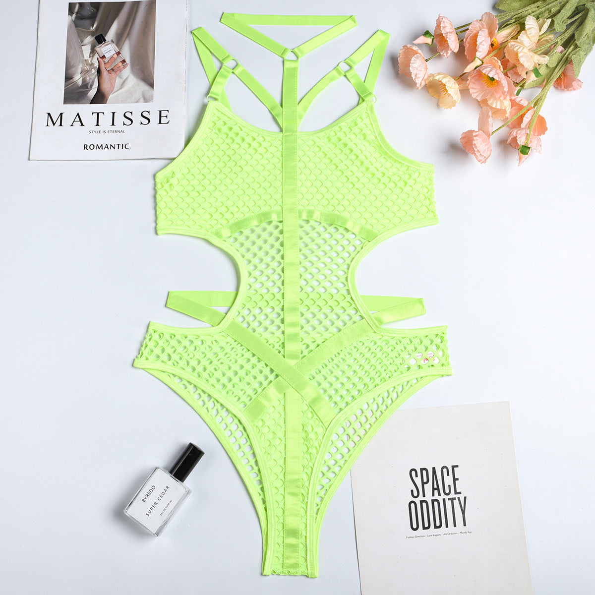 Halter Mesh Faux Leather Teddy Bodysuit - Styled View