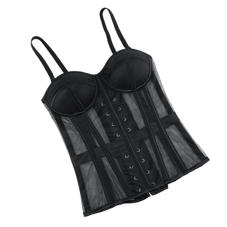 Black Sheer Panel Lace-Up Corset Top, alternate view 4