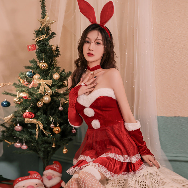 Bunny Costume Lingerie Set With Mini Dress and Top and Headband - Alternate View