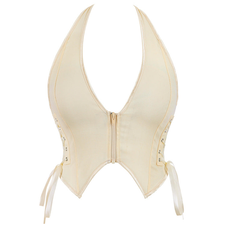 Cream Front-Zip Halter Corset Top, alternate view 5