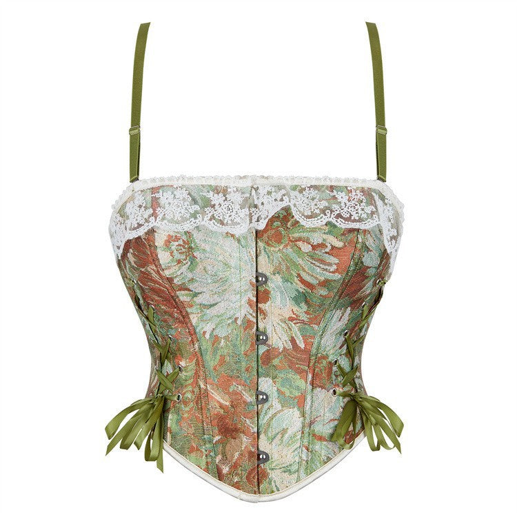 Ivory Green Floral Lace-Up Corset Top, alternate view 2