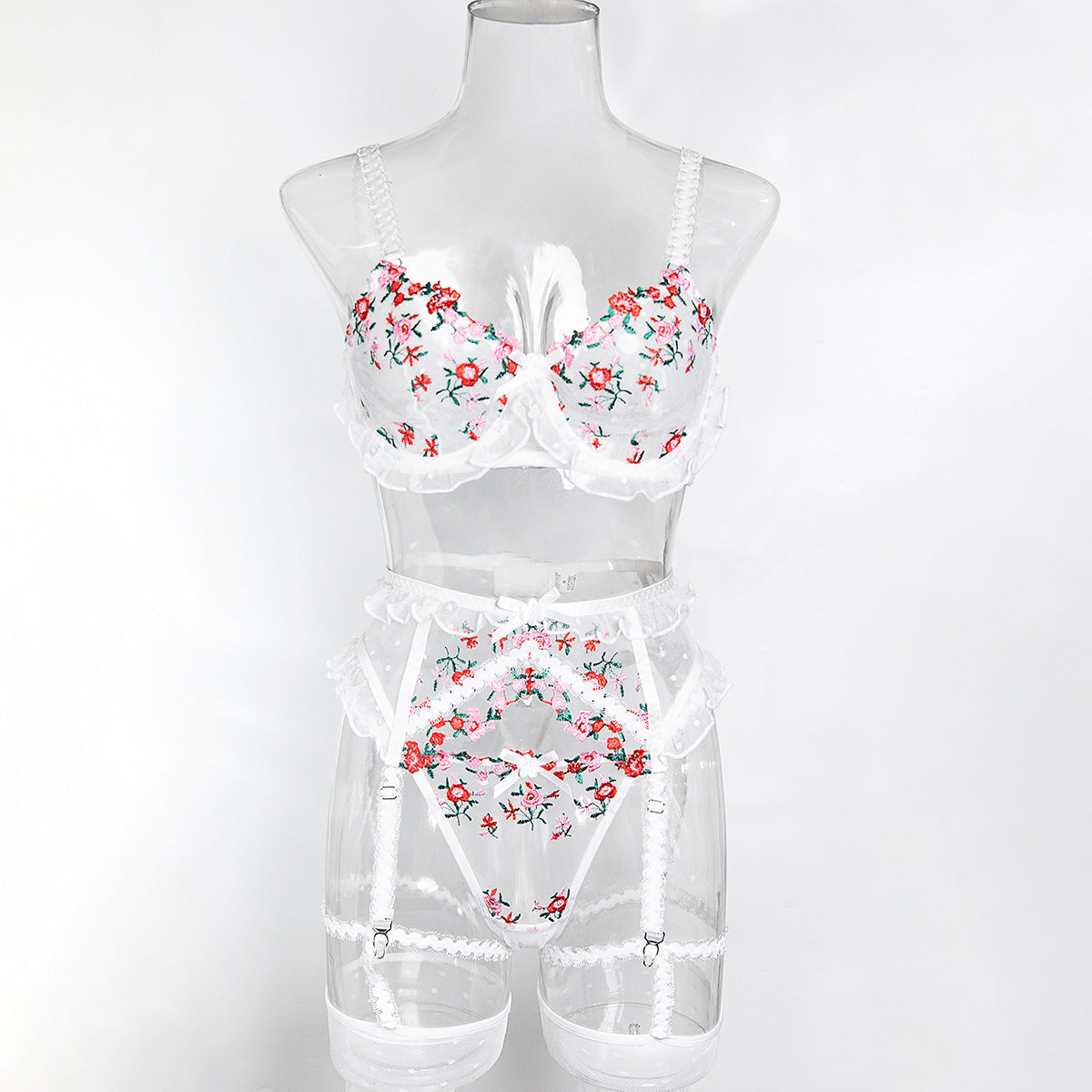 Lace Four-Piece Lingerie Set With Garter Belt - Alternate View