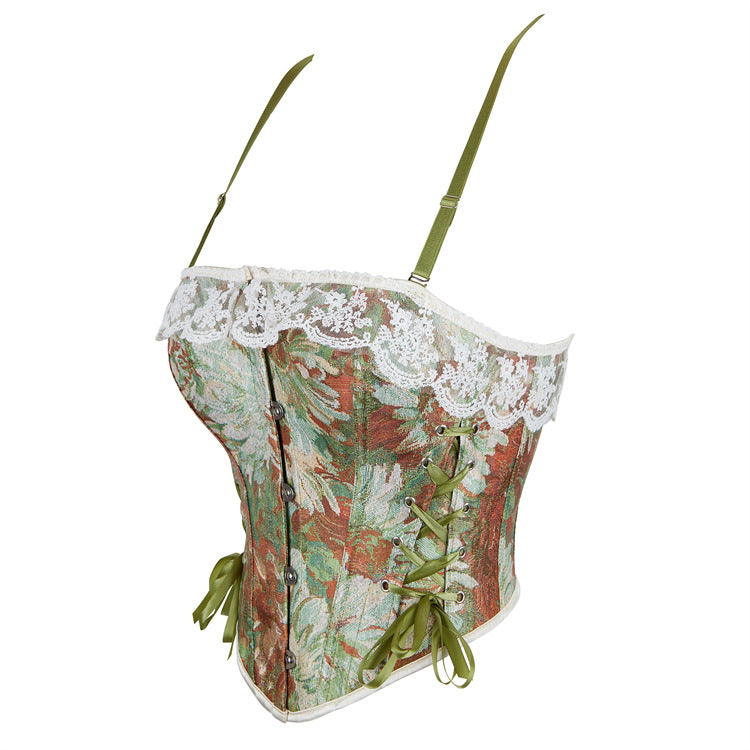 Green Floral Lace-Up Corset Top, alternate view 2